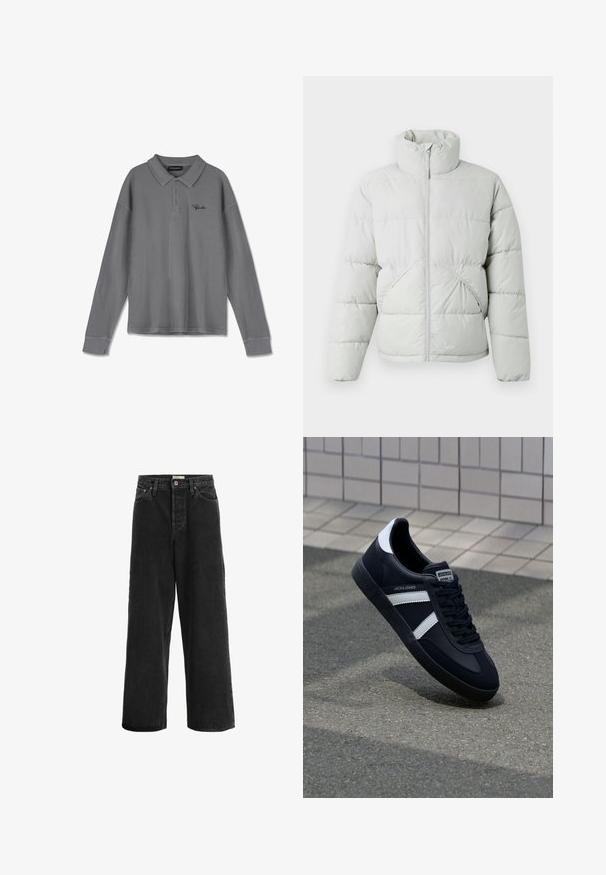 Only & Sons ONSPACK LIFE PUFFER JACKET - Vinterjakker - vapor blue; Langærmet polo shirt i stribet gråt stof. Har en krave, tre-knaps placket og subtil sort branding på brystet.; Sorte brede jeans lavet af denim. Har høj talje, to forlommer, knaplukning og diskrete stikninger.; Sort lædersneaker med hvide striber, tekstureret gummisål og snørrebånd foran. Har et brandet mærke på tungen.