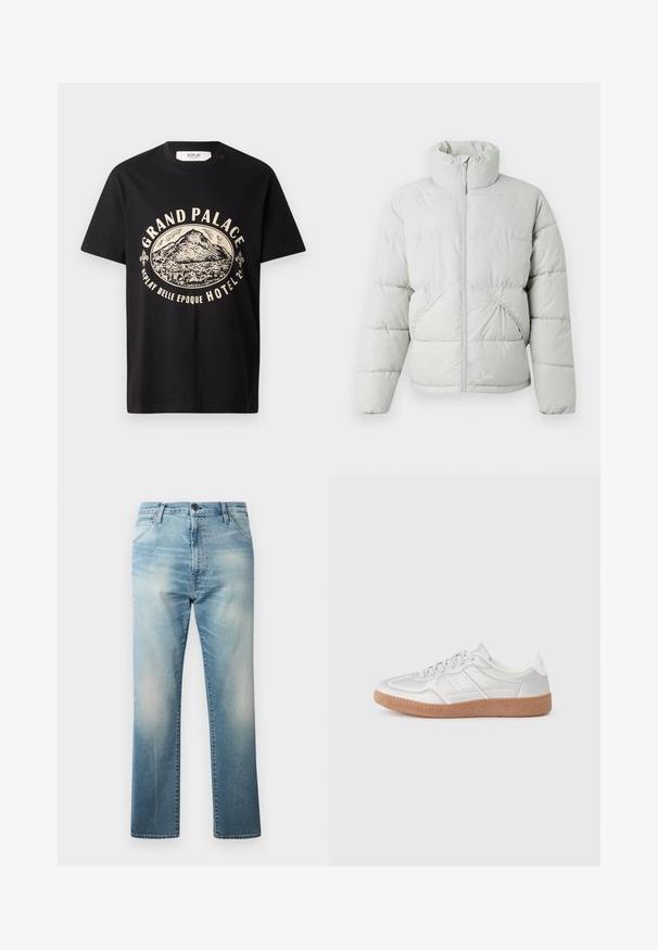 Only & Sons ONSPACK LIFE PUFFER JACKET OTW VD - Zimná bunda - vapor blue; Čierne bavlnené tričko s béžovou grafikou hory a textom "Grand Palace Replay Belle Epoque Hotel." Jednoduchý dizajn s okrúhlym výstrihom.; Replay WAINE PANTS - Džínsy voľného strihu - light blue; Strieborné tenisky s hladkou textúrou, viazaním, perforovanými akcentmi a štruktúrovanou hnedou gumovou podrážkou.