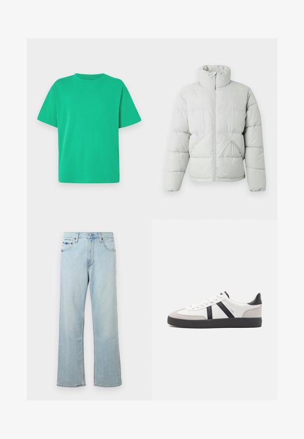 Only & Sons ONSPACK LIFE PUFFER - Winterjas - vapor blue; Groene T-shirt met korte mouwen, gemaakt van zachte stof; heeft een ronde hals en een ontspannen pasvorm; gladde textuur zonder patronen of accenten.; Lichtblauwe denim jeans met een losse, wijde pasvorm. Bevat vijf zakken, riemlussen en een ritssluiting met een knoopsluiting.; Witte sneaker met zwarte en grijze accenten, voorzien van een grijze neus met textuur, zwarte rubberen zool en platte witte veters. Schoon ontwerp, minimalistische stijl.