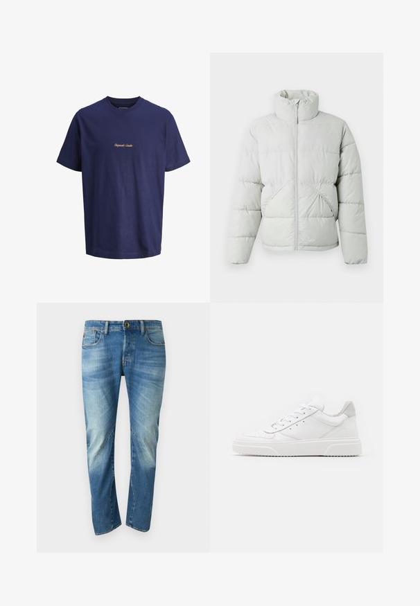 Only & Sons ONSPACK LIFE PUFFER JACKET OTW VD - Talvitakki - vapor blue; Laivastonsininen puuvillainen t-paita, jossa on lyhyet hihat, pyöreä pääntie ja oranssilla brodeerattu teksti "Originals Studio" etupuolen keskellä.; Sininen haalistunut suoralahkeinen farkkutakki, jossa on viisi taskua, nappikiinnitys ja näkyvät saumat edessä.; Valkoiset nahkakengät, joissa on sileä pinta, pyöreä kärki, litteät nauhat ja teksturoitu pohja. Harmaa mokkanahka korostaa kantapäätä.