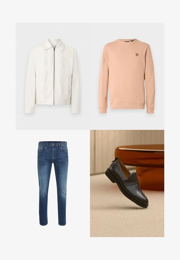 Witte jas met rits en kraag, met verticale gestikte plooien aan de voorkant, getoond tegen een effen achtergrond.; Zalmkleurige sweatshirt van zachte stof, met een ronde hals en geribde boorden. Voorzien van een zwart-geel geborduurd logo op de linkerborst.; Slim-fit blauwe spijkerbroek met een medium wassing, vijf zakken en contrasterend stiksel. Voorzien van een knoopsluiting en riemlussen.; Zwarte leren loafer met lage hak zwevend boven een beige tapijt, naast een glanzende amberkleurige tafel in een minimalistische kamer.