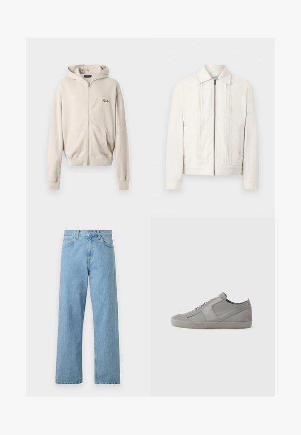 Witte jas met rits en kraag, met verticale gestikte plooien aan de voorkant, getoond tegen een effen achtergrond.; Beige ritsjack in ribbelstof, met een voorzak, zachte textuur en een klein zwart logo op de linkerkant van de borst.; Lichtblauwe denim jeans met een rechte pasvorm, vijf zakken, knoop- en ritssluiting, en een iets vervaagde afwerking.; Grijze leren sneakers met suède accenten, een geometrisch ontwerp, een ronde neus en een platte rubberen zool. Heeft getextureerde panelen en een vetersluiting.