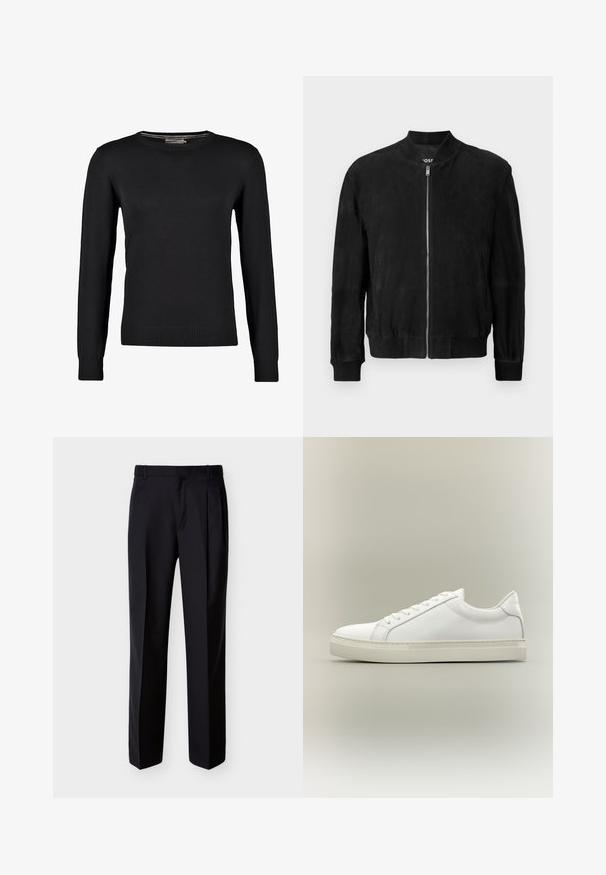 Veste bomber en daim noir avec une fermeture éclair à l'avant, col et poignets côtelés, deux poches latérales et une texture lisse. Design simple et minimaliste.; Pull en tricot noir à manches longues, col rond, avec des poignets et un ourlet côtelés. Texture lisse et coupe ajustée.; Pantalon noir ajusté à coupe droite, avec un devant plissé et des poches latérales. Confectionné dans un tissu lisse et léger à motif uni.; Baskets blanches basses à lacets sur l’avant et semelle épaisse, vues de côté sur un fond neutre.