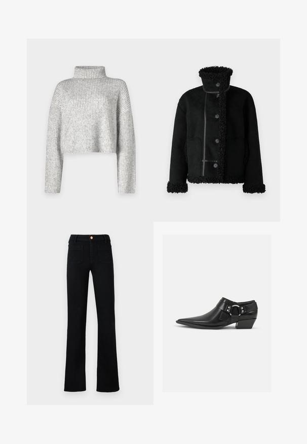 Object Short - Μπουφάν από συνθετικό δέρμα - black; Γκρι κοντό πουλόβερ φτιαγμένο από υφασμένο ριγωτό ύφασμα, με ψηλό λαιμό και μακριά μανίκια, με απαλή υφή και διακριτές παραλλαγές χρώματος.; Μαύρα τζιν ψηλόμεσα με ίσια γραμμή, με μπροστινές τσέπες τύπου πατς και κλείσιμο με χάλκινο κουμπί σε ουδέτερη φόντο.; Μαύρες δερμάτινες μπότες με εσωτερικό αστράγαλο και μυτερή μύτη, με δερμάτινο ιμάντα μπροστά και λεπτομέρεια από ασημένιο φύλλο, και χαμηλό, τετράγωνο τακούνι.