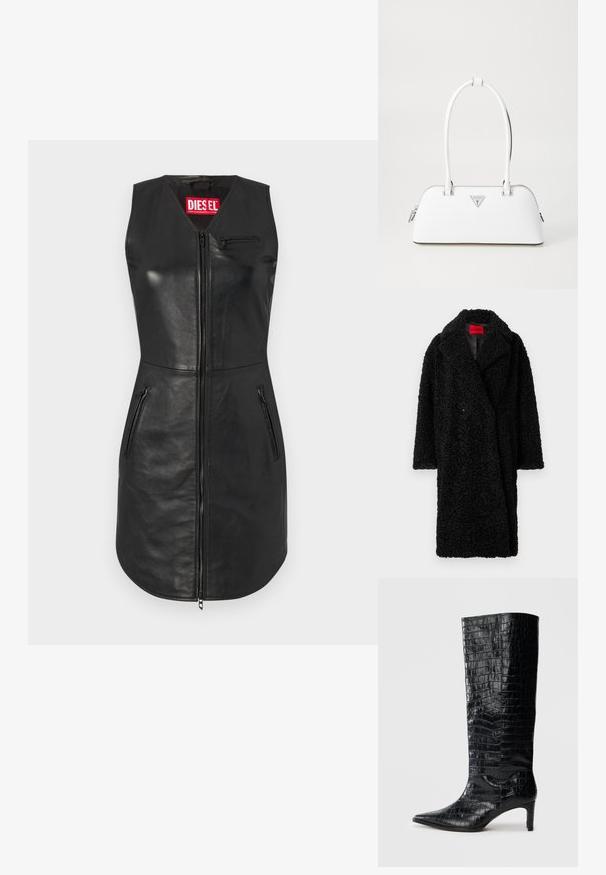 Manteau teddy long noir avec large col, tissu texturé bouclé et étiquette rouge "HUGO" visible à l'intérieur du col.; Robe sans manches en cuir noir avec une fermeture éclair, deux poches latérales et une poche poitrine zippée. Logo Diesel notable en rouge sur le col.; Bottes noires montantes, avec une texture brillante à motif crocodile, bout pointu et talon effilé. Matériau synthétique lisse.; Sac à main en cuir blanc avec une forme courbée, présentant un logo triangulaire argenté et une fermeture à glissière. Texture lisse et doubles poignées.