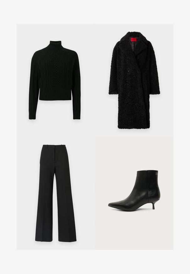 Manteau teddy long noir avec large col, tissu texturé bouclé et étiquette rouge "HUGO" visible à l'intérieur du col.; Pull noir à col roulé avec un design en torsades texturé, coupe raccourcie, poignets et ourlet côtelés, fabriqué en matière tricotée douce.; Pantalons black à jambes larges avec un design sur mesure, présentant une texture lisse et de subtils plis à l'avant. Pas de garnitures ou de motifs visibles.; Bottine en cuir noir avec bout pointu et petit talon kitten sur fond clair, vue côté extérieur.