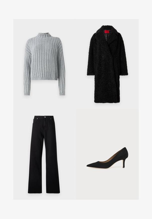Must kollane teddy coat laiade kraeidega, tekstuursete lokkis kangaga ja nähaoleva punase "HUGO" sildiga kaeluses.; Heled hallid kootud sviiter, millel on soonikustruktuur, noku kaelus, pikad varrukad ja veidi lühike lõige.; Mustad laiade jaladega teksapüksid, viie taskuga disain, ees nupuga sulgemine ja peened õmblusdetailid.; Mustast seemismaterjalist terava ninaga kõrged kontsaga kingad, millel on õhuke keskmise kõrgusega stiilne konts ja madala lõikega disain ühevärvilisel taustal.