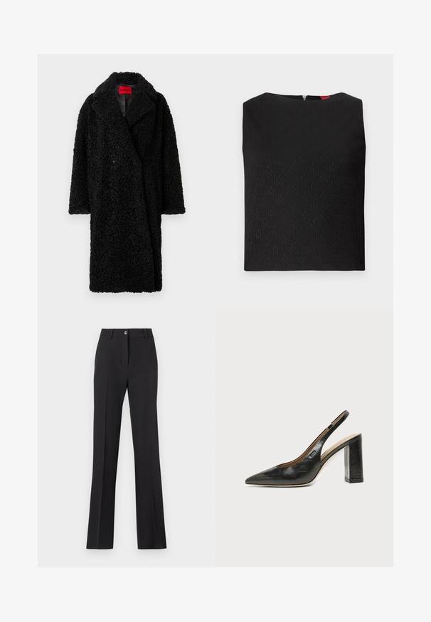 Manteau teddy long noir avec large col, tissu texturé bouclé et étiquette rouge "HUGO" visible à l'intérieur du col.; Haut sans manches noir avec un motif texturé, encolure carrée et fermeture éclair au dos. Présente des accents de logo subtilement intégrés dans le tissu.; Pantalons noirs ajustés avec une coupe droite. Comprend une fermeture à bouton, des passants de ceinture et une texture lisse et mate.; Chaussure slingback en cuir noir à bout pointu avec un talon bloc haut et une doublure intérieure beige sur un fond clair uni.