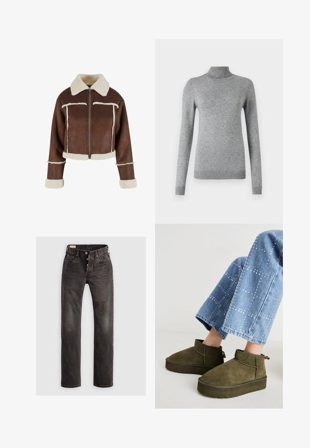 Afskåret brun faux læderjakke med cremet shearlingkrave, lynlås foran og hvide plysforbundne manchetter og kant, prydet med kontraststing.; Grå turtleneck sweater lavet af blødt materiale, med lange ærmer, ribbede manchetter og en tætsiddende design med en glat tekstur.; Mørkegrå lige ben jeans lavet af denim, der har en knaplukning, fem-lommemodel og subtile falmede detaljer på stoffet.; Oliven grøn ruskinds ankelstøvler med en tyk, struktureret sål og en pull tab. Kombineret med lyseblå, udsmykkede denim jeans.