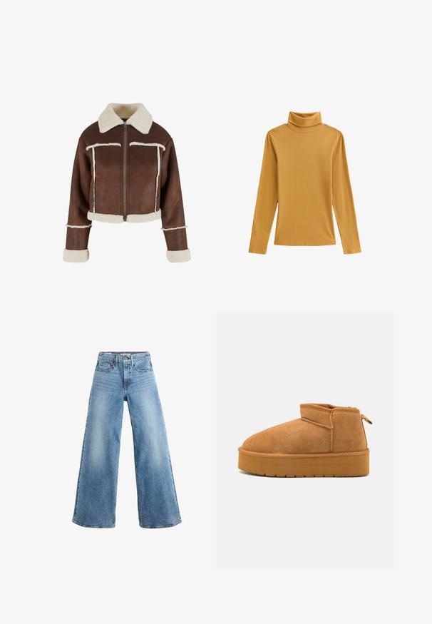 Gekürzte braune Kunstlederjacke mit cremefarbenem Schaffellkragen, Reißverschluss vorn und weißen, mit Fell gefütterten Bündchen und Saum, mit Kontrastnähten.; Senfgelber Rollkragenpullover aus geripptem Stoff mit langen Ärmeln und figurbetontem Schnitt. Glatte Textur mit hohem Kragen.; Levi's® 728 HR WIDE LEG HEADWINDS AHEAD. - Wide Leg - headwinds ahead; Braune Wildlederstiefeletten mit runder Spitze, niedrigem Schnitt und einer strukturierten Gummisohle, die eine leichte Plattform und eine Ziehlasche aufweist.