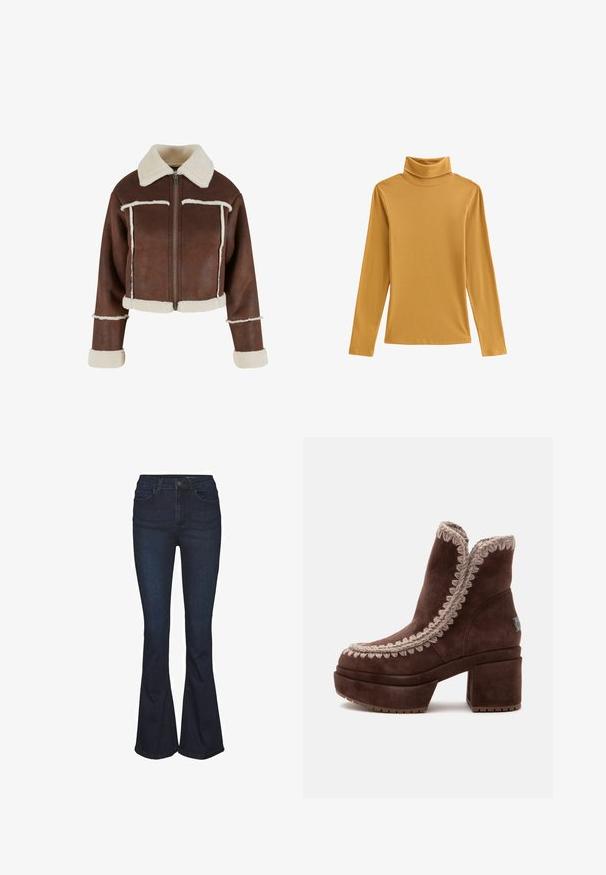 Afskåret brun faux læderjakke med cremet shearlingkrave, lynlås foran og hvide plysforbundne manchetter og kant, prydet med kontraststing.; Sennepsgul turtleneck top af ribstrikket stof med lange ærmer og en tætsiddende pasform. Glat tekstur med høj hals.; Mørkeblå jeans i denim med vidde og højtaljet, der har fem lommer og diskrete syningdetaljer. Glat tekstur med et klassisk design.; Brun ruskind ankle støvle med chunky hæl og platform, med beige fletkant langs toppen og forkanten.