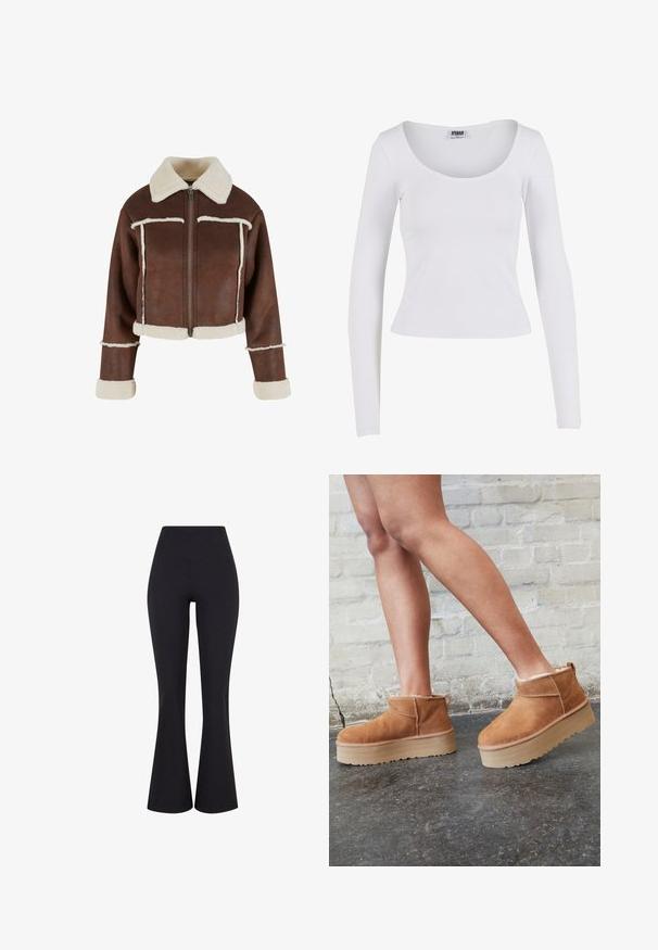 Veste en simili cuir marron avec col en shearling crème, fermeture éclair à l'avant, et poignets et ourlet en fourrure blanche, avec des coutures contrastantes.; Haut blanc à manches longues avec un col dégagé, en tissu extensible, présentant une coupe ajustée et une construction sans couture sans accents visibles.; Pantalons évasés noirs à taille haute en tissu extensible. Comprend une texture lisse et une silhouette ajustée au niveau des hanches.; Bottines en suède marron avec une doublure en peluche, semelle épaisse en beige et une poignée à l'arrière. Surface texturée avec des détails de couture visibles.