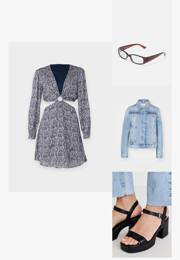 Hellblaue Jeansjacke mit klassischem Kragen, vorderen Knöpfen, zwei Brusttaschen und seitlichen Eingrifftaschen mit kontrastierenden Nähten.; Blumenkleid mit langen Ärmeln, tiefem V-Ausschnitt, Knoten-Detail in der Taille mit einem kreisförmigen Akzent. Marineblauer Hintergrund mit rosa und weißen Blumen.; ALDO CELIE - High Heel Sandalette - black; Braun getönte rechteckige Brille mit glänzender Oberfläche, schlanken Bügeln und transparenten Gläsern. Logo auf dem linken Bügel sichtbar.