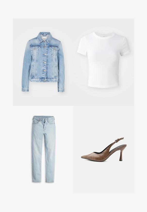 Lyseblå denimjakke med en klassisk krave, frontknapper, to brystlommer og sidelommer med kontrastsyning.; Simpel hvid kortærmet cropped t-shirt med rund halsudskæring, præsenteret på en neutral lys baggrund.; Lyseblå denimjeans med høj talje, fem-lomme design, knaplukning og lige ben. Har subtilt slid og en tekstureret finish.; Brun lædersandal med høj hæl, spids tå, justerbar rem med spænde og slank tilspidset hæl.