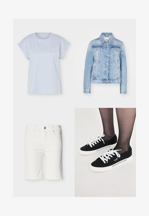 Lichtblauwe spijkerjas met een klassieke kraag, voorknopsluitingen, twee borstzakken en zijsplitzakken met contrasterende stiksels.; Lichtblauw T-shirt met korte mouwen en ronde hals met klein wit logo op de linkerborst, weergegeven tegen een witte achtergrond.; Witte denim shorts tot op de knie met voorste knoop, rits en ontwerp met vijf zakken, weergegeven op een neutrale achtergrond.; Zwarte canvas sneakers met witte veters, witte rubberen zolen en zijstreepaccenten. Bevat een logo op de buitenzijdes.