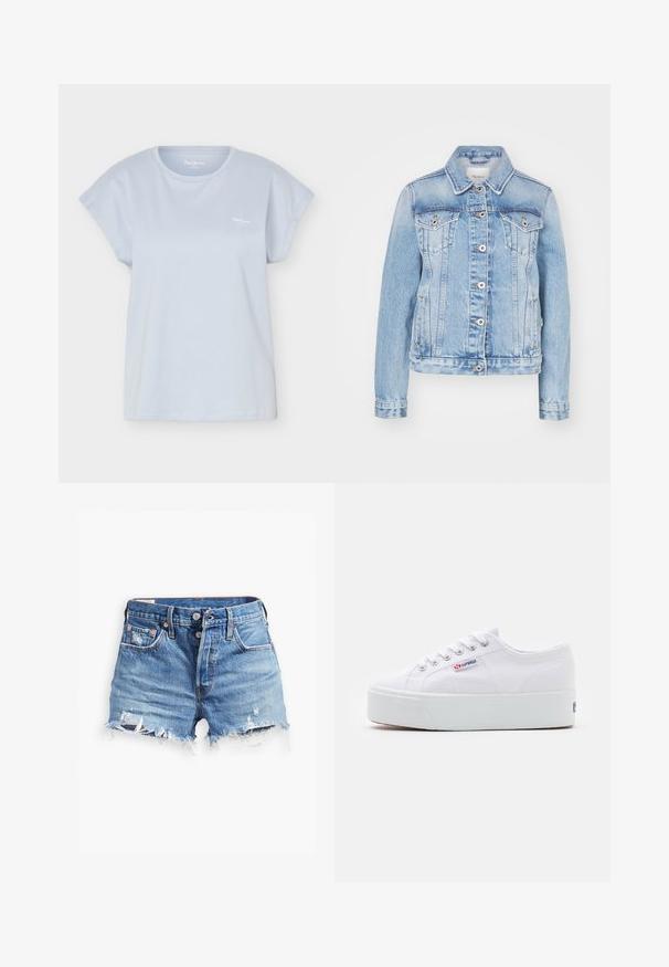 Chaqueta de mezclilla azul claro con cuello clásico, botones frontales, dos bolsillos en el pecho y bolsillos laterales con costuras en contraste.; Camiseta de cuello redondo y manga corta en azul claro con pequeño logo blanco en el pecho izquierdo, mostrada sobre un fondo blanco.; Pantalones cortos de mezclilla de color azul claro con dobladillos deshilachados, talle alto, cierre de botones y dos bolsillos frontales; los detalles desgastados añaden textura.; Zapatilla de lona blanca con una gruesa suela de plataforma blanca, punta redonda y ojales de metal para los cordones. Logotipo de la marca mostrado en el lateral.