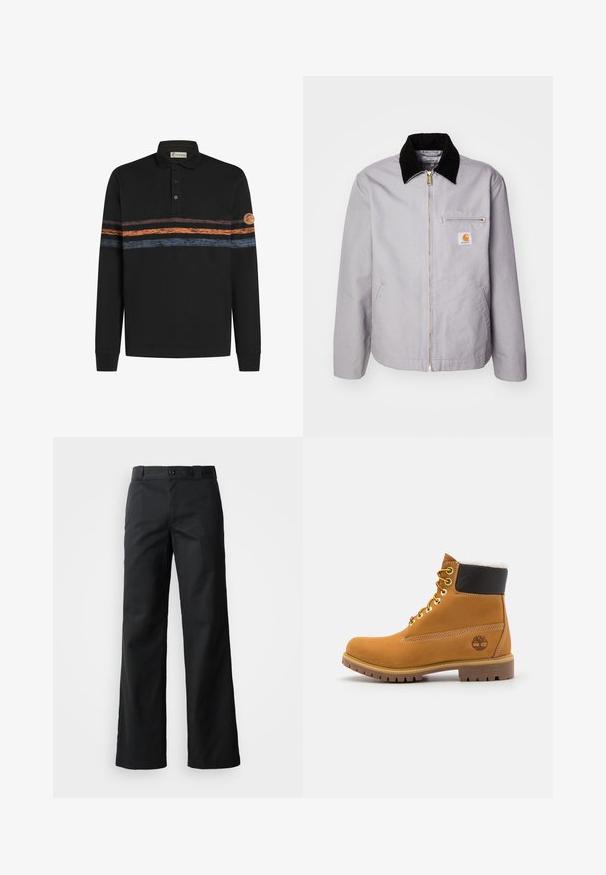 Chaqueta gris clara hecha de tejido duradero, con un cuello de pana negro, cierre de cremallera, bolsillo frontal y parche con logo en el pecho.; Camisa polo negra de manga larga con un patrón de rayas horizontales texturizadas en naranja y azul, y un parche de logo en la manga izquierda.; Pantalones de pierna ancha negros en una tela suave. Cuenta con un cierre de botón, lazos para cinturón y bolsillos laterales. Silueta limpia y ajustada.; Botín de cuero marrón con ojales de metal, forro de piel sintética blanca, cuello acolchado negro, suela resistente y logotipo en relieve en el costado.