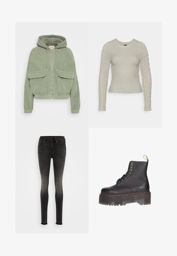 Zelená kordová bunda s kapucňou, predným zipsom, dvoma veľkými prednými vreckami a elastickým lemom a manžetami pre priliehavý strih.; Pieces MOCK NECK BC - Blúzka - cloud dancer; Čierne slim džínsy zo strečového denimu s vyblednutým povrchom. Majú štandardný pás, päť vreciek a detail rozstrapkaného lemu.; Čierne kožené členkové topánky so šiestimi očkami na šnurovanie, žltým vyšívaním a priehľadnou platformou so zúbkovaným okrajom.