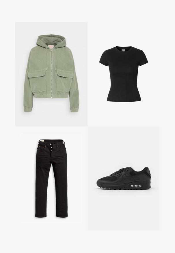Veste en velours côtelé vert avec capuche, fermeture éclair sur le devant, deux grandes poches avant et élastique à l'ourlet et aux poignets pour une coupe ajustée.; T-shirt noir cintré pour femme à manches courtes, col rond, avec étiquette Urban Classics à l'intérieur du col.; Jean noir à jambe droite avec fermeture à boutons, poches avant et arrière, et détails en rivets cuivrés sur fond blanc.; Baskets de sport noires avec une tige en cuir lisse et en mesh, bout rond, accents texturés, et une unité d'air visible dans la semelle.