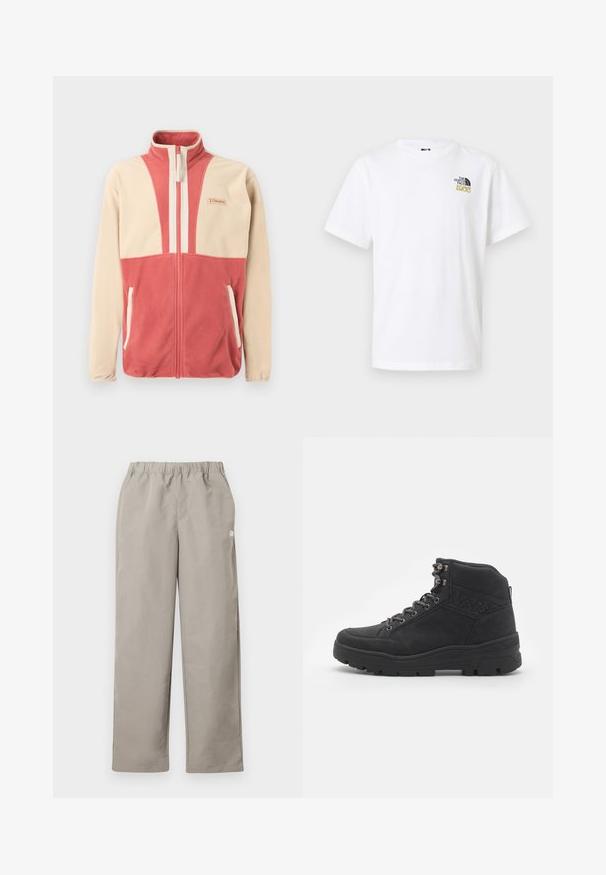 Beige og lyserød fleecejakke med lynlås, høj krave og to frontlommer, med en lille logo på brystet.; Hvid T-shirt med korte ærmer og rund hals, med lille sort og guld The North Face 1966-logo på øverste venstre bryst.; Beige bukser med lige ben, elastisk talje og en lille hvid logo på højre sidesøm.; Sorte ankelstøvler i ruskind. Har metaløjer, snørebånd og en struktureret gummisål med forstærket hæl.
