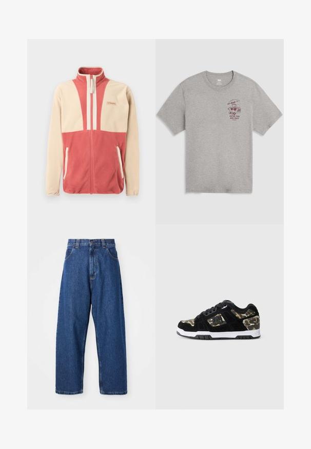 Chaqueta de forro polar con cremallera en beige y rosa, con cuello alto y dos bolsillos delanteros, con un pequeño logo en el pecho.; Camiseta de cuello redondo gris claro con un pequeño gráfico marrón de una tostadora bajo un paraguas y el texto "Manteniendo los bollos calientes desde 1873" en el pecho izquierdo.; Jeans de pierna ancha de denim en azul oscuro. Presentan una cintura alta, trabillas para cinturón y un diseño clásico de cinco bolsillos. Bajo cosido con un acabado limpio.; Zapatilla de ante negra con patrón de camuflaje en el lateral, media suela blanca y suela exterior de goma negra. Presenta cordones y detalle del logo en el lateral.
