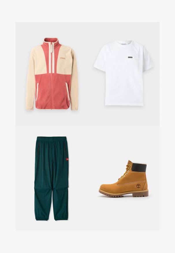 Beige og lyserød fleecejakke med lynlås, høj krave og to frontlommer, med en lille logo på brystet.; Hvid T-shirt med korte ærmer og rund halsudskæring samt en lille brystlomme med et sort Columbia-logo påsat.; Udendørsbukser i mørk teal, med en elastisk talje, to lynlåslommer på siden og elastiske manchetter ved anklerne. Letvægtsmateriale.; Brune læder ankelstøvle med metaløjer, hvid pelsforing, sort polstret krave, robust sål og præget logo på siden.