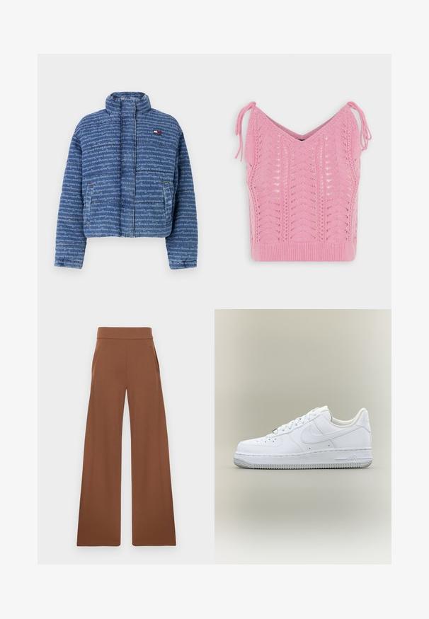 Skåret blå denim pufferjakke med gentagne hvide tekstmønstre, høj krave, frontlynlås og sidelommer. Har brandlogo på brystet.; Vero Moda VMPOINTELLE TIE STRAP - Top - bonbon; Brune bukser med bred benvidde fremstillet af et glat, strækbart stof. De har en høj talje og sidelommer, designet til en afslappet pasform.; Hvid Nike Air Force 1 sneaker med lavt skaft, snørebånd, perforeret tå og tekstureret gummisål på neutral baggrund.