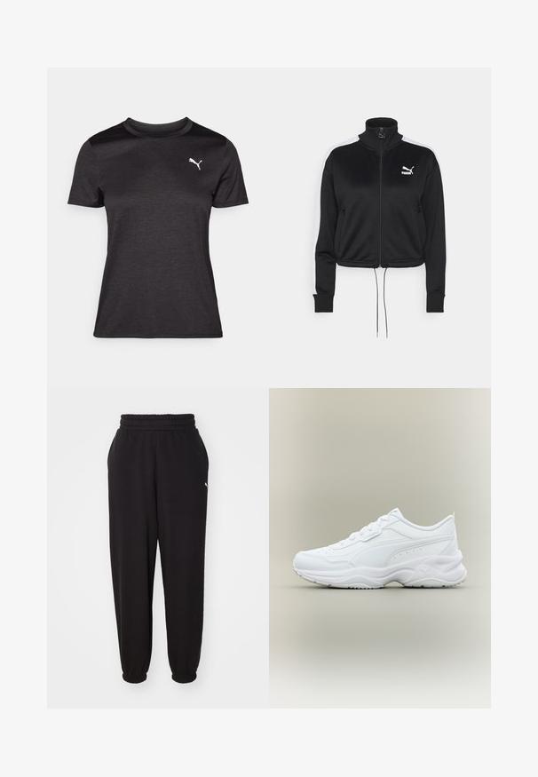 Čierna mikina na zips s vysokým golierom, biele bočné pruhy, šnúrku na leme a malé biele logo Puma na ľavej hrudi. Mäkká tkanina.; Čierne športové tričko s krátkymi rukávmi, okrúhlym výstrihom a bielym logom na hrudi. Hladká textúra a prispôsobený strih.; Čierne tepláky z jemného materiálu, s rebrovaným pásom a elastickými manžetami na členkoch. Obsahujú malé logo na boku.; Biela nízka atletická teniska s predným šnurovaním, textúrovanou podrážkou a jemným šitým dizajnom na hladkom vrchnom materiáli.