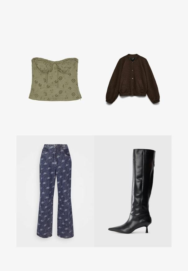 Blouson aviateur matelassé marron foncé avec boutons-pression, manches longues, poches latérales, et poignets élastiques, étalé à plat sur un fond blanc.; Top court bustier vert olive avec broderie florale à œillets et détail noué à l'avant au niveau de l'encolure.; Jaded London BAGGY FIT EMBOSSED LOGO - Jean boyfriend - blue; Botte en cuir noir hautes jusqu'au genou avec un bout pointu et un talon fin et courbé. Texture lisse, design ajusté, sans matériel ni motifs visibles.
