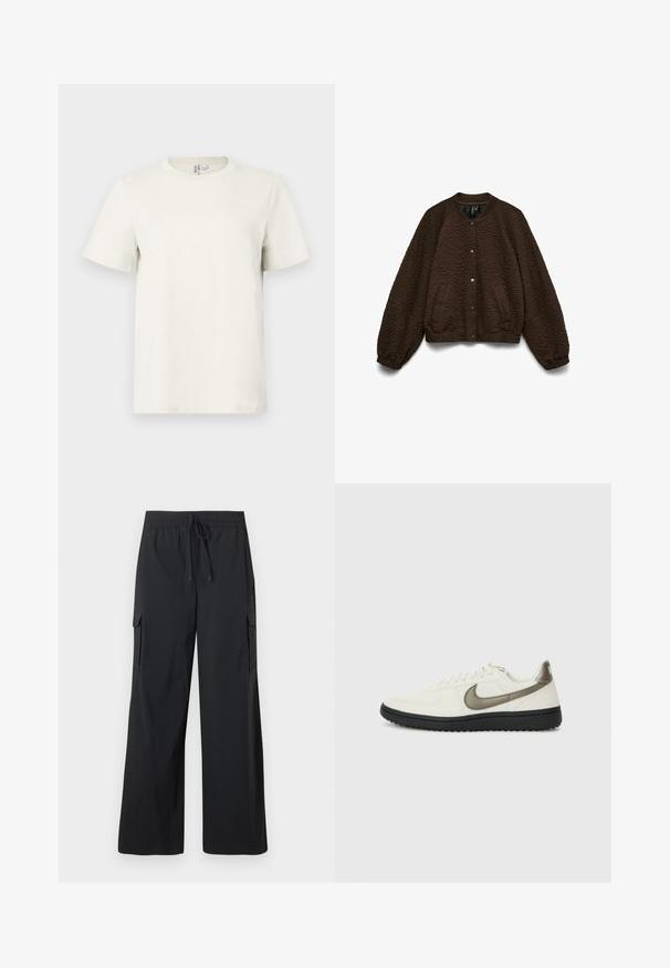 Chaqueta bomber acolchada de color marrón oscuro con botones a presión, mangas largas, bolsillos laterales y puños elásticos, colocada plana sobre un fondo blanco.; Camiseta de algodón beige claro con cuello redondo, mangas cortas y corte regular. Textura suave y diseño minimalista sin patrones ni acentos.; Pantalones cargo negros de pierna ancha con cintura elástica y cordón, con bolsillos de solapa en ambos muslos.; Nike Sportswear FIELD GENERAL - Zapatillas - off-white/black