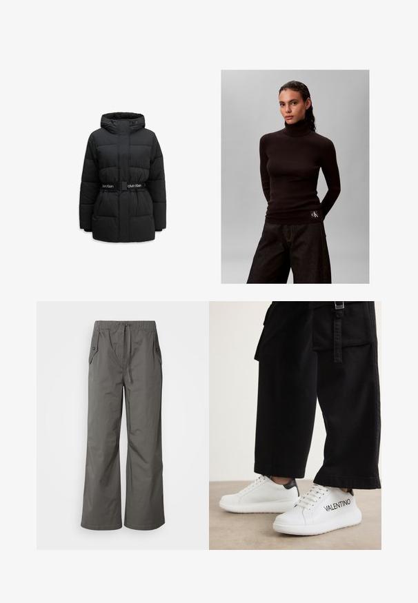 Čierna zimná prešívaná bunda s kapucňou, predným zipsom, bočnými vreckami a čiernym opaskom s bielym logom Calvin Klein upevneným v páse.; Žena s tmavými vlasmi nosí čierny rebrovaný rolák a tmavé široké nohavice na jednoduchom sivom pozadí.; Sivé nohavice s širokými nohavicami vyrobené z ľahkého materiálu, s elastickým pásom, šnúrkou na stiahnutie a dvoma bočnými vreckami s gombíkovými detailmi.; Biele kožené tenisky s hrubou podrážkou, ktoré majú čierne akcenty a nápis "VALENTINO" potlačený na boku. Kombinované s čiernymi širokými nohavicami.