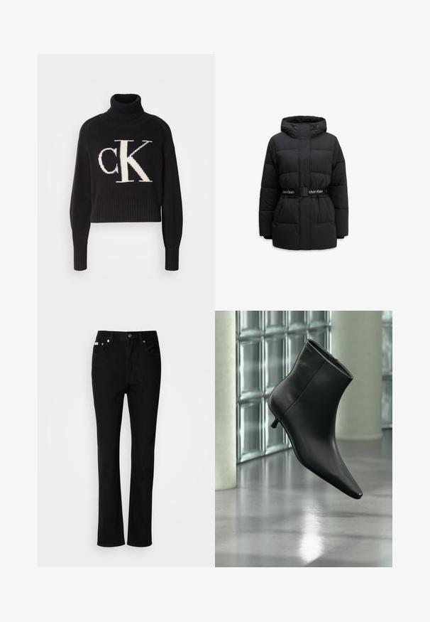 Veste d'hiver matelassée noire avec capuche, fermeture éclair devant, poches latérales et ceinture noire avec logo blanc Calvin Klein fixée à la taille.; Pull noir côtelé avec un col montant, arborant un grand logo "ck" crème à l'avant. Longueur cropped et manches ajustées.; Jean noir à coupe droite, avec bouton et fermeture éclair à l'avant, passants de ceinture et cinq poches.; Bottine en cuir noir à bout pointu et petit talon kitten, présentée en angle devant un sol poli et un mur en blocs de verre.