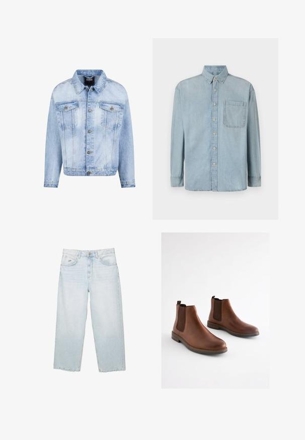 Lyseblå denimjakke med knaplukning foran, to brystlommer og lange ærmer. Har en falmet tekstur og guldfarvede metal detaljer.; Lyseblå denimskjorte med lange ærmer, knaplukning foran og en enkelt brystlomme. Har en klassisk krave og standard manchetter.; Lysblå højtaljede straight-leg jeans med frontknap, lommer og lille mærket metalmærke på den højre forlommer.; Brune læderankelstøvler med elastiske sidestykker, rundet tå og en lagdelt hæl. Glat tekstur med kontrasterende brune accenter.