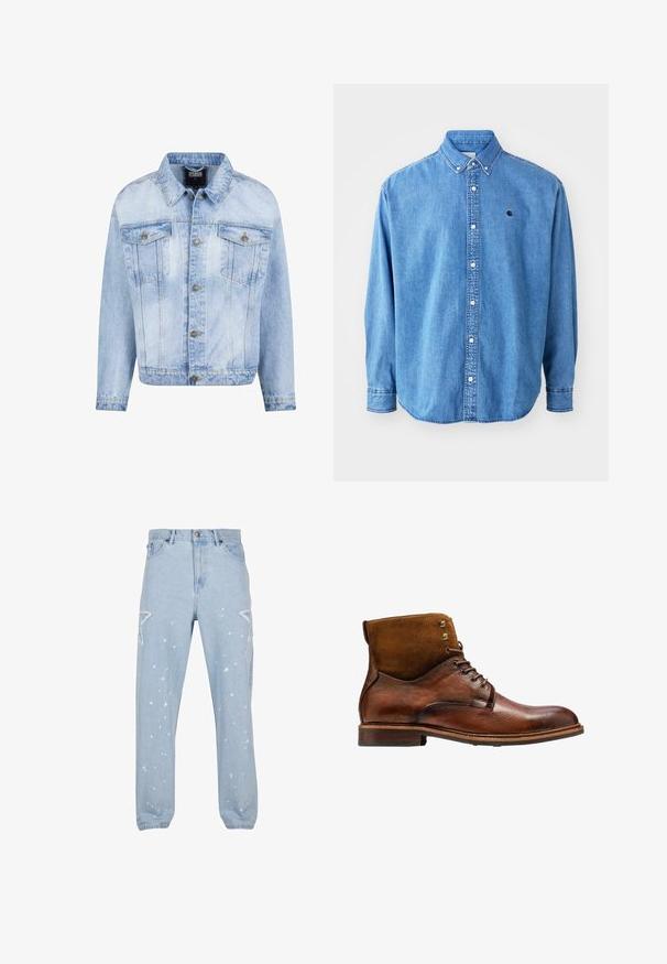 Lyseblå denimjakke med knaplukning foran, to brystlommer og lange ærmer. Har en falmet tekstur og guldfarvede metal detaljer.; Denim button-down skjorte, lyseblå i farven, med krave, lange ærmer og et lille logo på brystet. Har hvide knapper og syninger.; Lysblå denim jeans med en afslappet pasform, der har stjerneformede udsparinger, malersplatter og et klassisk fem-lomme-design.; Kazar ALID - Snørestøvletter - brown