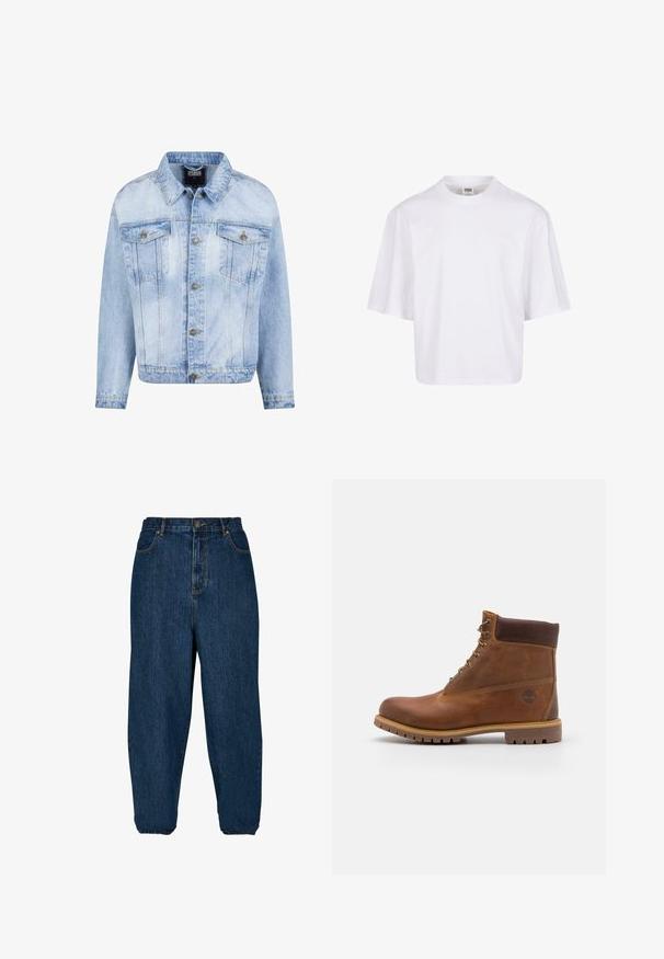 Lichtblauwe denimjacket met knoopsluiting aan de voorkant, twee borstzakken en lange mouwen. Heeft een vervaagde textuur en gouden metalen accenten.; Witte, kortekorte t-shirt met een ronde hals en een ontspannen pasvorm, gemaakt van een zachte katoenmix. Geen patronen of versieringen.; Donkerblauwe spijkerbroek met een relaxed fit, hoge taille en elastische boorden. Voorzien van een knoopsluiting aan de voorkant en vijf zakken.; Bruine leren wandelschoen met een gladde afwerking, gevoerde enkel, metalen oogjes en een rubberen zool met een robuust profiel.