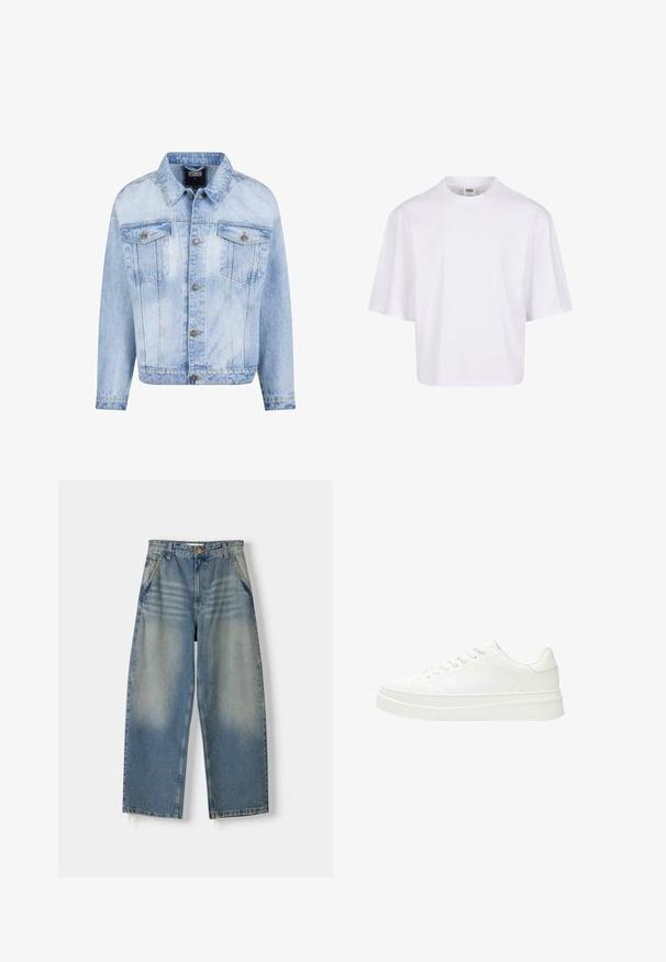 Lichtblauwe denimjacket met knoopsluiting aan de voorkant, twee borstzakken en lange mouwen. Heeft een vervaagde textuur en gouden metalen accenten.; Witte, kortekorte t-shirt met een ronde hals en een ontspannen pasvorm, gemaakt van een zachte katoenmix. Geen patronen of versieringen.; Lichtblauwe denim broek met wijde pijpen en een vervaagde afwerking, vijf zakken ontwerp en een ruwe zoom. Voorzien van een knoop- en ritssluiting aan de voorkant.; Witte sneaker met een glad leren bovenwerk, platte veters en een dikke rubberen zool. Minimalistisch ontwerp met subtiele stiksel en naadloze accenten.