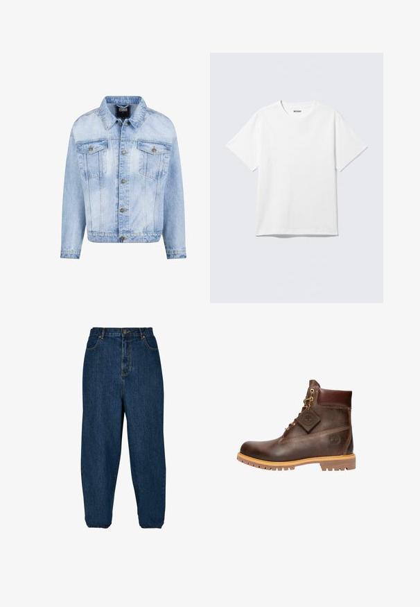 Veste en denim bleu clair avec une fermeture à boutons, deux poches poitrine et des manches longues. Présente une texture délavée et des accents métalliques dorés.; T-shirt blanc à manches courtes et col rond, étalé à plat, design uni, avec l'étiquette "WEEKDAY" à l'intérieur du col sur un fond clair.; Jean en denim bleu foncé avec une coupe décontractée, taille haute et poignets élastiques. Il dispose d'une fermeture à bouton à l'avant et de cinq poches.; Bottine en cuir marron avec un bout rond, une semelle robuste, des éléments en doré et un dessus texturé. Comprend une étiquette de logo attachée.