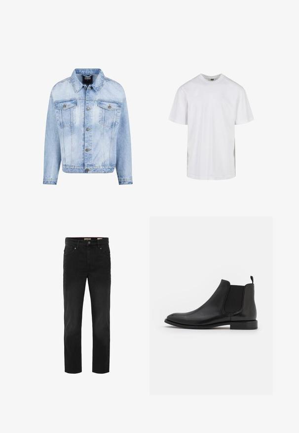 Hellblaues Jeansjacke mit durchgehender Knopfleiste, zwei Brusttaschen und langen Ärmeln. Verfügt über einen verblassten Textur und goldfarbene Metallakzente.; Schlichtes weißes T-Shirt mit kurzen Ärmeln und Rundhalsausschnitt in entspannter Passform, vor weißem Hintergrund dargestellt.; Schwarze Denim-Jeans mit geradem Bein. Verfügt über fünf Taschen, einen Knopfverschluss und eine subtile Textur. Sauberer und klassischer Look.; Schwarze Leder-Chelsea-Stiefel mit elastischen seitlichen Riemen, einer abgerundeten Kappe und einem niedrigen Absatz. Glatte Textur mit minimalistischer Gestaltung.