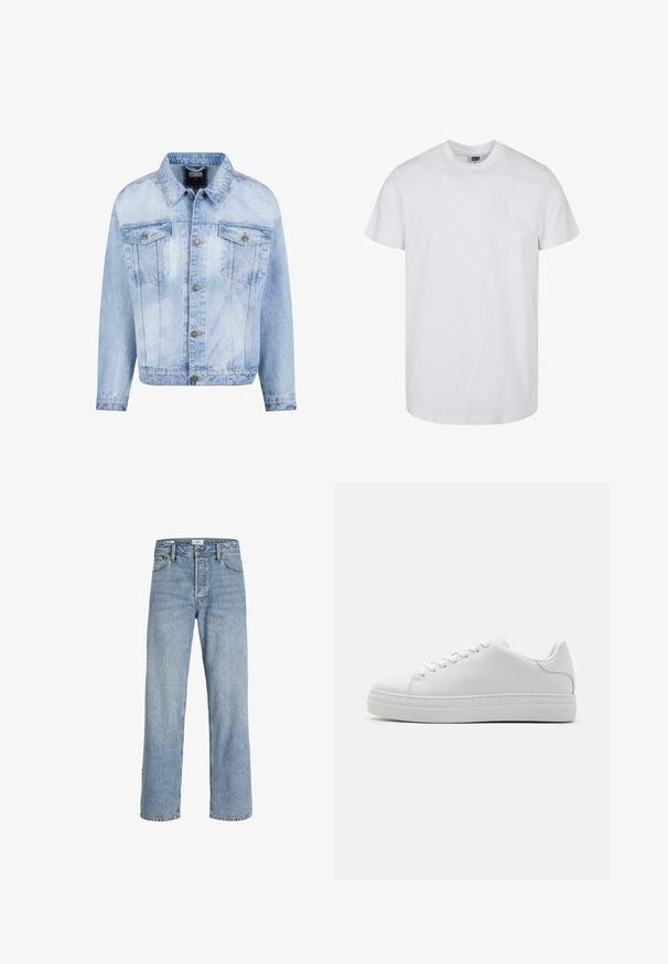 Lyseblå denimjakke med knaplukning foran, to brystlommer og lange ærmer. Har en falmet tekstur og guldfarvede metal detaljer.; Hvid bomulds T-shirt med korte ærmer, rund halsudskæring og lige kant. Glat tekstur, ingen mønstre eller grafikker, mærket 'Urban Classic.'; Lyseblå denimjeans med lige ben, høj talje, fem-lommers design og subtilt slid, med metalknaplukning.; Hvide lædersneakers med en chunky platformsål, rund tå og seks snørehuller. Glat tekstur med subtile syninger.