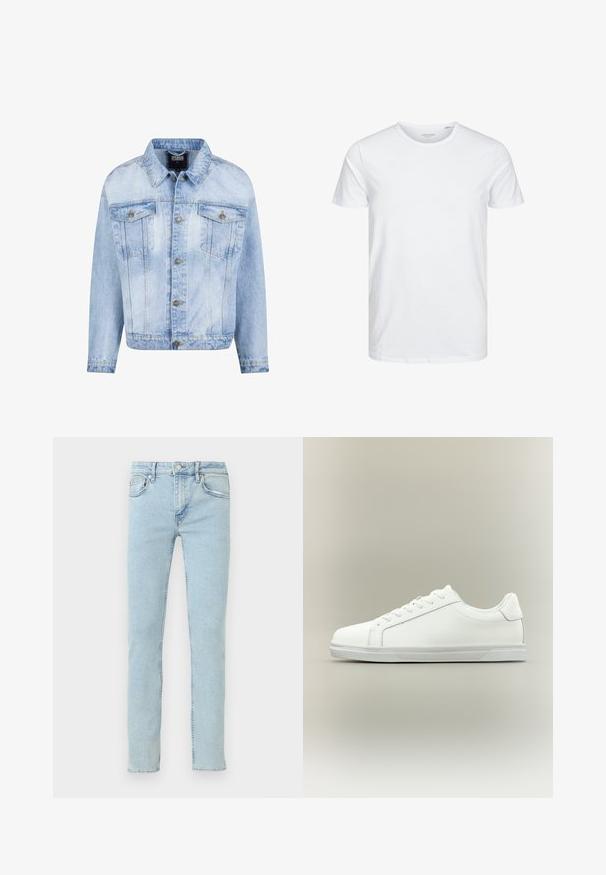 Lyseblå denimjakke med knaplukning foran, to brystlommer og lange ærmer. Har en falmet tekstur og guldfarvede metal detaljer.; Rundhals kortærmet t-shirt i ensfarvet hvid, lavet af blød bomuld, har et simpelt design uden synlige mønstre eller detaljer.; Lyseblå denimjeans med lige ben, der har fem lommer, diskret falmning og klassiske syningsdetaljer.; Lavtop hvid sneaker med snørelukning foran og tekstureret gummisål mod en ensartet neutral baggrund.