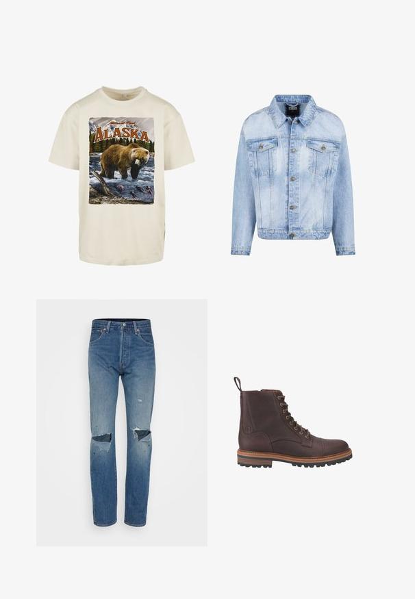Lichtblauwe denimjacket met knoopsluiting aan de voorkant, twee borstzakken en lange mouwen. Heeft een vervaagde textuur en gouden metalen accenten.; Crèmekleurig katoenen T-shirt met een grafische print van een bruine beer in water, bergen en bomen, met "Alaska" en "The Last Frontier."; Lichtblauwe ripped jeans met een rechte pijpdesign, rafelige kniebesneden en klassieke vijf-pocket styling met metalen hardware.; Bruine leren veterschoenen tot boven de enkel met een gestructureerde afwerking, contrasterende beige zolen en metalen veteroogjes. Voorzien van een trekkoordje voor gemakkelijk aan- en uittrekken.