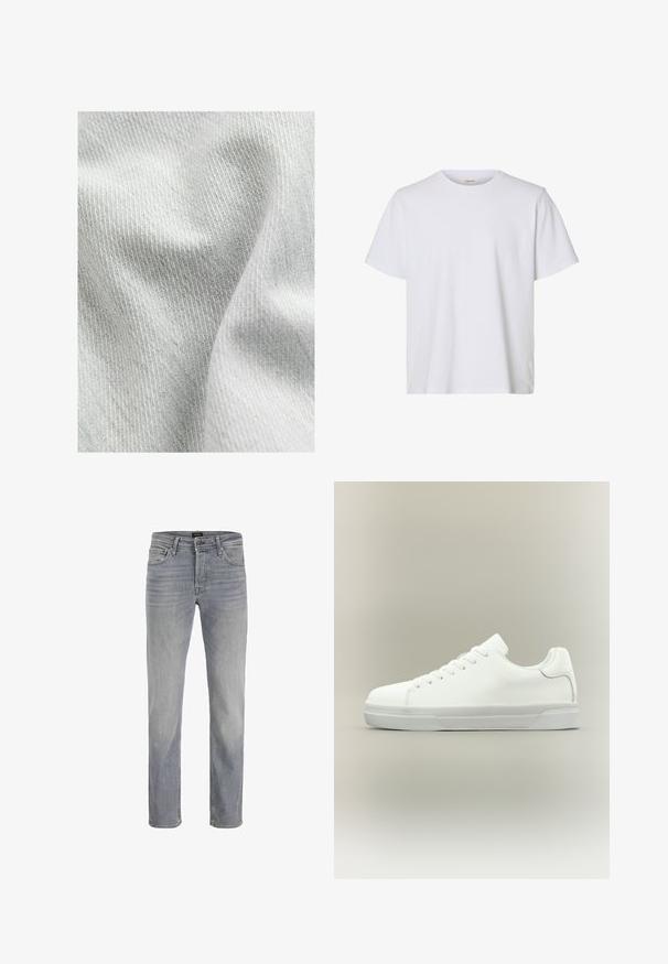 Helles graues Gewebe mit einer weichen, leicht strukturierten Oberfläche und einem subtilen Rippmuster, das Falten und Knicke in seinem Fall zeigt.; Schlichtes weißes T-Shirt mit kurzen Ärmeln, Rundhalsausschnitt, regulärer Passform und glatter Stoffstruktur, auf weißem Hintergrund dargestellt.; Hellgraue Denim-Jeans mit geradem Bein, fünf Taschen und klassischem Knopfverschluss. Glatte Stoffstruktur und sauberes Finish.; Weißer Sneaker in niedriger Schnittform mit Schnürung vorne, gepolstertem Kragen und strukturiertem Gummisohle, seitlich auf neutralem Hintergrund dargestellt.