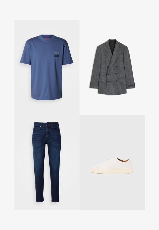 Doppelreihiger grauer Tweed-Blazer mit Kerbkragen, sechs schwarzen Knöpfen, Pattentaschen und Vier-Knopf-Manschetten, flach auf weißem Hintergrund präsentiert.; Blaues kurzärmliges T-Shirt aus weicher Baumwolle, mit einer quadratischen Tasche und einem dunkelblauen Logo. Klassisches Rundhalsdesign.; Dunkelblaue Jeans aus Denim mit geradem Bein, ausgestattet mit Taschen und einem Knopfverschluss an der Taille. Weiche Textur, minimale Ausbleichungen.; Weißer Sneaker mit niedrigem Schaft und Schnürdesign, minimalen Nähten und einer cremefarbenen Sohle auf hellgrauem Hintergrund.