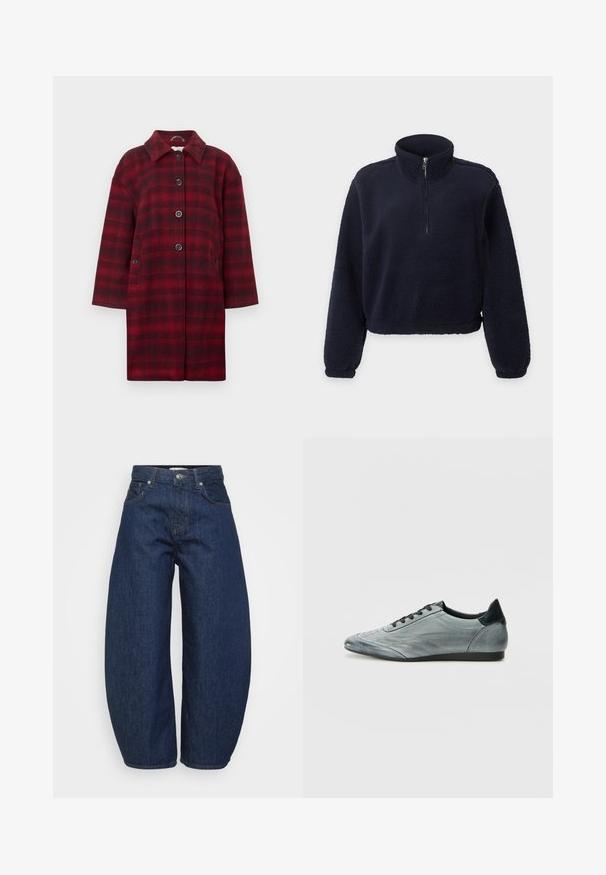 Rød ternet frakke lavet af uldstof, med krave, knaplukninger og to forlommer. Løs pasform og midlangt design.; Marineblå fleece-pullover med lange ærmer, halvlange lynlås foran, høj krave og elastiske manchetter og kant.; Mørkeblå denimjeans med en bred, afslappet pasform. Har lynlås, fire lommer og kontrastsyet syning langs sømmene.; Lysegrå læder sneakers med et strømlinet design, der har stikninger, sorte snørebånd og en mørk hælaccent. Gummisål.