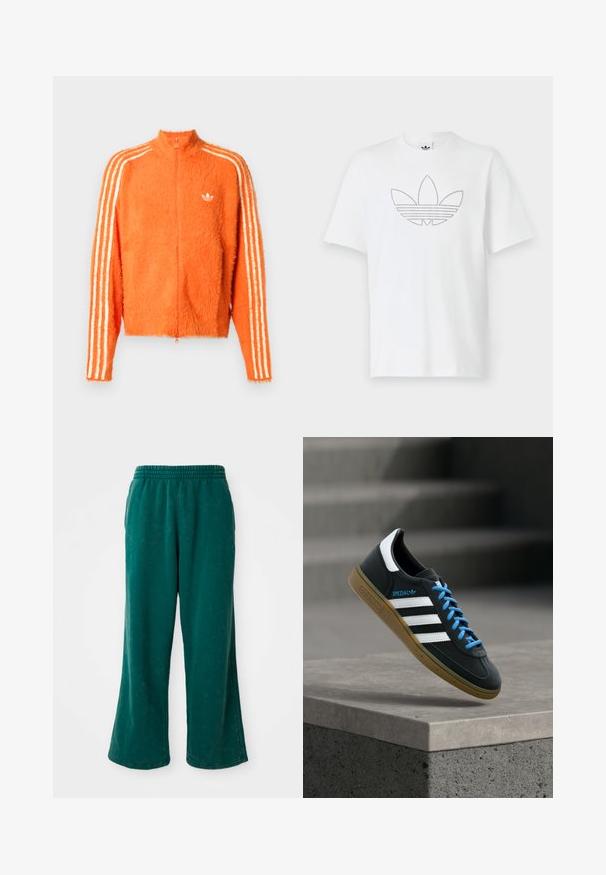 Chaqueta naranja suave con cremallera y cuello alto, con tres franjas blancas en cada manga y un pequeño logo blanco en el pecho.; Camiseta de algodón blanca que presenta un contorno negro punteado de un logo de trébol en la parte frontal. Mangas cortas y cuello redondo.; Pantalones de chándal verdes de pierna ancha con una textura suave, que cuentan con una cinturilla elástica y bolsillos laterales. Tejido duradero con un corte relajado.; Zapatilla negra Adidas con franjas blancas, cordones azules y suela de goma flotando sobre un escalón de hormigón gris con luz suave.