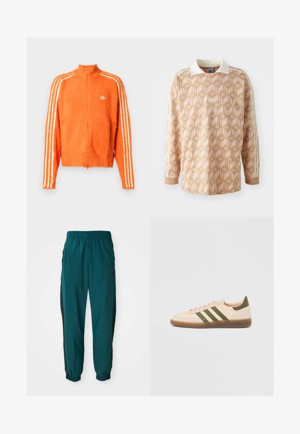 Orange fuzzy zip-up jakke med høj krave, der har tre hvide striber ned ad hver ærme og et lille hvidt logo på brystet.; Langærmet skjorte i en lys ferskenfarve med et geometrisk mønster. Har en hvid krave og tre creme striber på hver ærme.; Teal sportsbukser med snoretræk i taljen, elastiske manchetter og sorte striber på siden. Lavet af letvægtsstof med et logo nær hoften.; Beige Adidas Spezial sneaker med lav profil, grønne striber, gummisål og "SPEZIAL"-branding på siden, vist fra ydersiden.