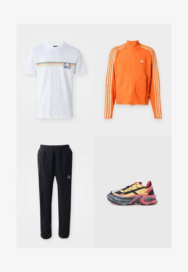 Oranje harige zip-up jack met hoge kraag, met drie witte strepen langs elke mouw en een klein wit logo op de borst.; Witte katoenen T-shirt met korte mouwen, gekenmerkt door een horizontaal streepjespatroon in rood, groen, geel en blauw, plus een marineblauw logo op de borst.; Zwarte sportbroek van een zachte, gestructureerde stof, met een elastische tailleband, zijzakken en een driehoekig logo accent op de dij.; Sportschoen met een zwart en geel mesh bovenwerk, rode accenten en een gestructureerde grijze zool met opvallend profiel voor grip.