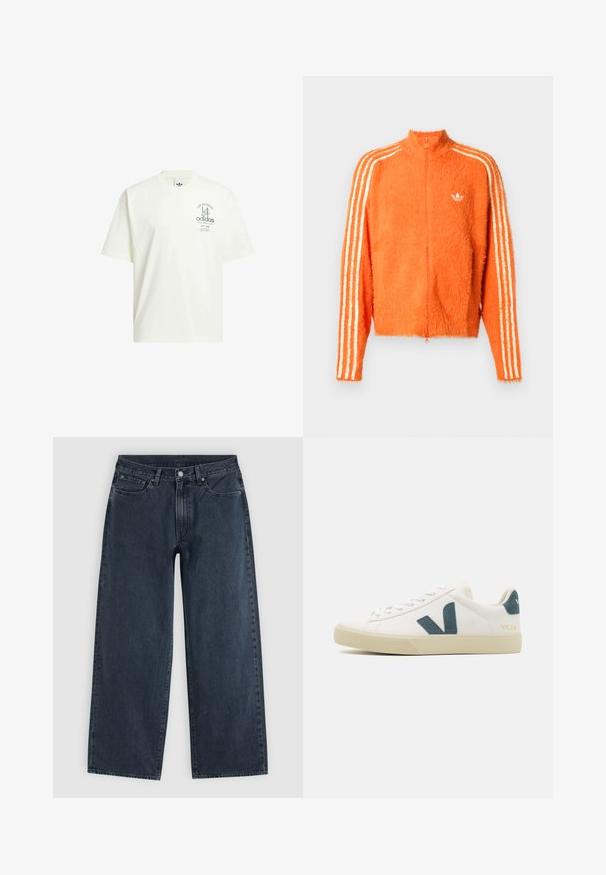Orangene, flauschige Zip-Jacke mit hohem Kragen, die drei weiße Streifen an jedem Ärmel und ein kleines weißes Logo auf der Brust aufweist.; Weißes Baumwoll-T-Shirt mit Rundhalsausschnitt, kurzen Ärmeln und einem grafischen Druck mit "Adidas" und "Los Angeles" in Grün.; Dunkelblaue Jeans mit weitem Bein, fünf Taschen, Gürtelschlaufen, Knopfverschluss und Reißverschluss, flach auf hellem Hintergrund liegend.; Weißes Ledersneaker mit einem Logo aus türkisem Wildleder, runder Zehenpartie, Schnürdesign und Gummisohle mit strukturierten Details. Markenname "VEJA" in Gold.