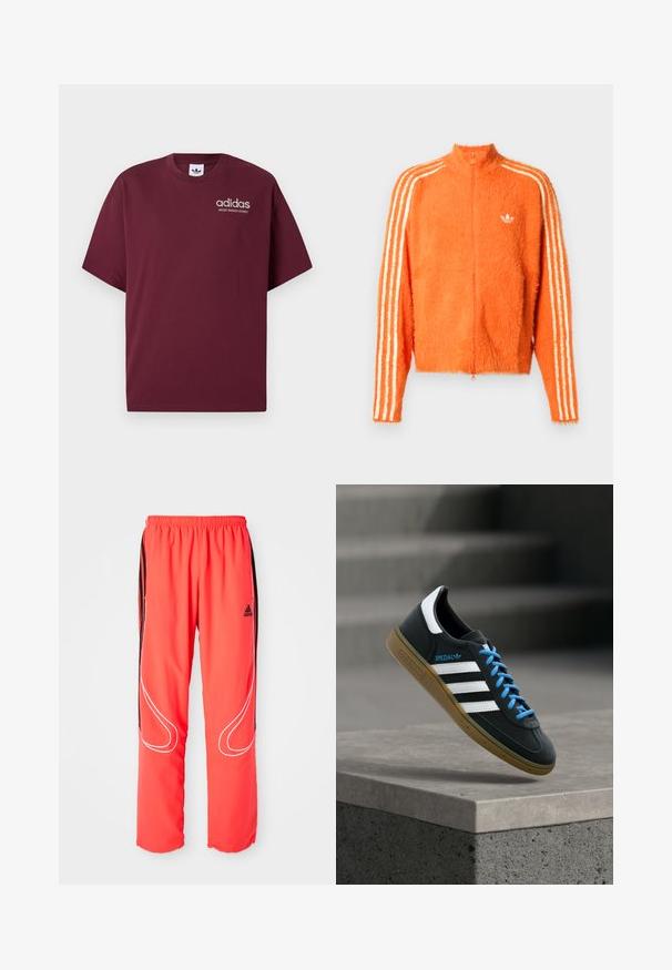 Chaqueta naranja suave con cremallera y cuello alto, con tres franjas blancas en cada manga y un pequeño logo blanco en el pecho.; Camiseta de manga corta burdeos hecha de algodón. Presenta un cuello redondo y un pequeño logo blanco de "adidas" con "SPORT DESIGN STUDIO" debajo.; Pantalones deportivos rojos de corte holgado, con cintura elástica, rayas laterales negras y detalles de ribete blanco a lo largo de las piernas. Logo de Adidas en la cadera.; Zapatilla negra Adidas con franjas blancas, cordones azules y suela de goma flotando sobre un escalón de hormigón gris con luz suave.