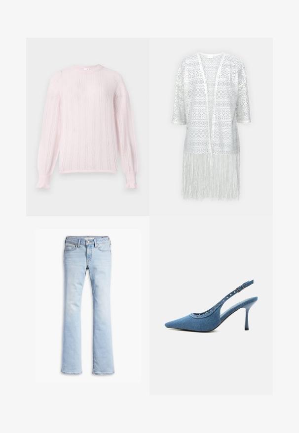 Hvid blonde cardigan med indviklede mønstre, åben front, korte ærmer og frynse detaljer ved kanten.; Lys pink strikket sweater med rund hals, der har lodrette striber, rib-søm i ærmerne og flæse-detaljer ved ærmeslutterne.; Lysblå denimjeans med en tætsiddende talje, frontknap og lynlås, front- og baglommer samt let flagrende ben.; Blå denim spids tå slingback sko med høj hæl, sølv øjendesign og justerbar spænde.